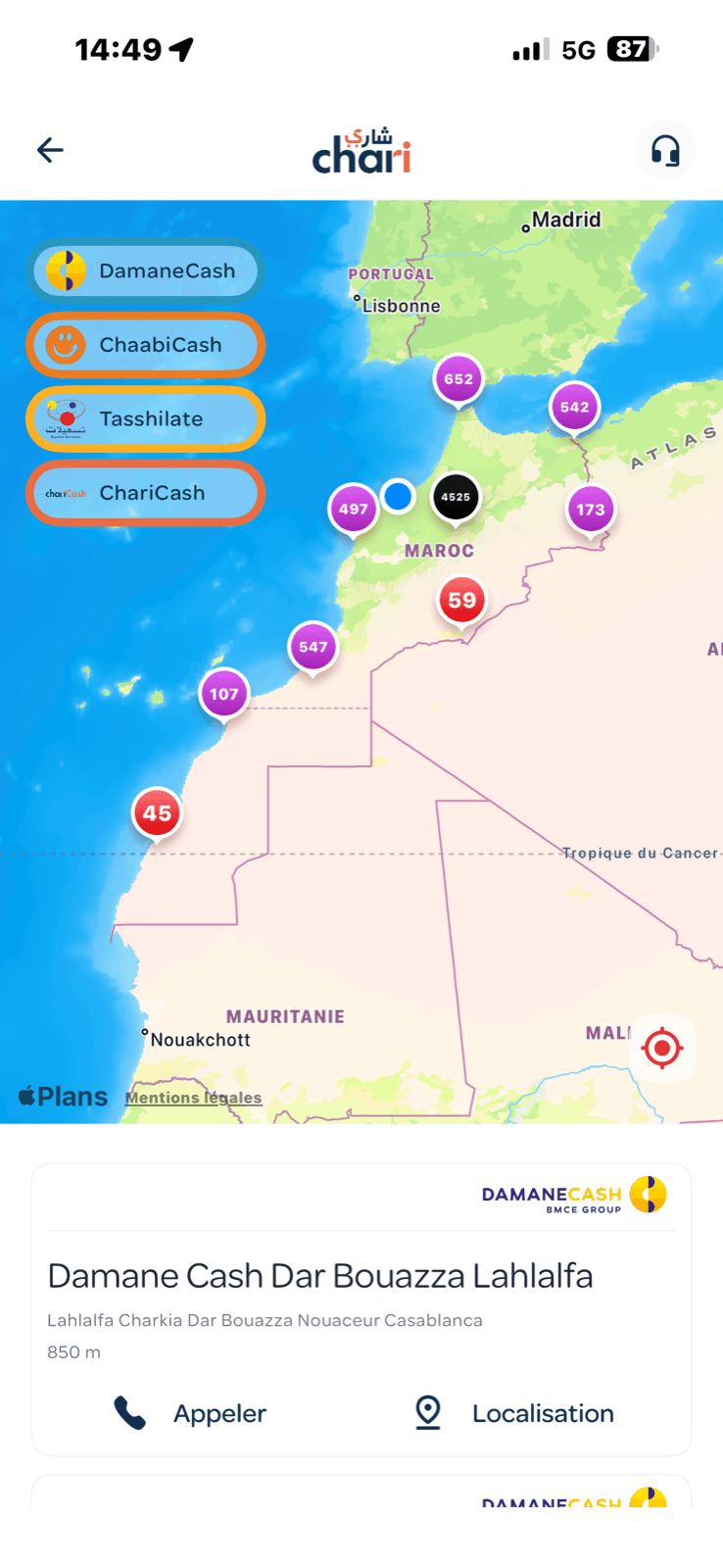 Localisateur d'agences de retrait d'espèces dans chari.ma